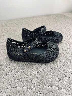 Mini Melissa + Campana Zig Zag Style Black Glitter Jelly Mary Jane Kids Shoes
